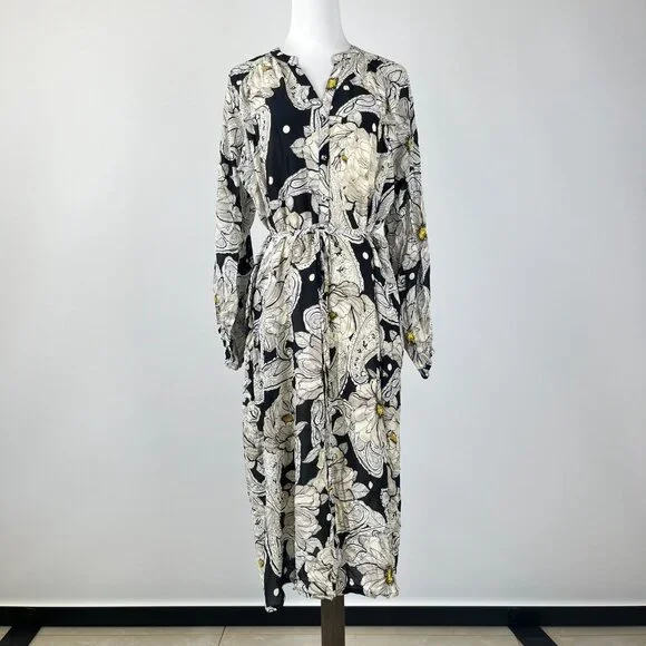 NWOT JOHNNY WAS Biya Silk Long Sleeves Floral Midi Dress Boho Chic Sz S - Picture 2 of 12